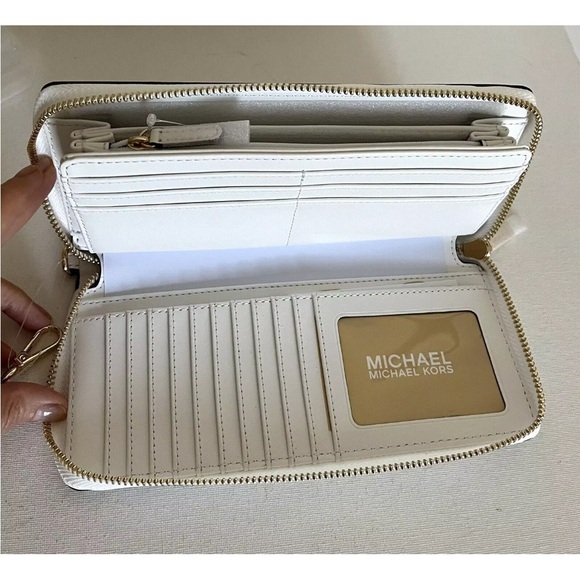 New Michael Kors Jet Set Large Travel Continental Wallet Leather Optic White - Picture 4 of 5